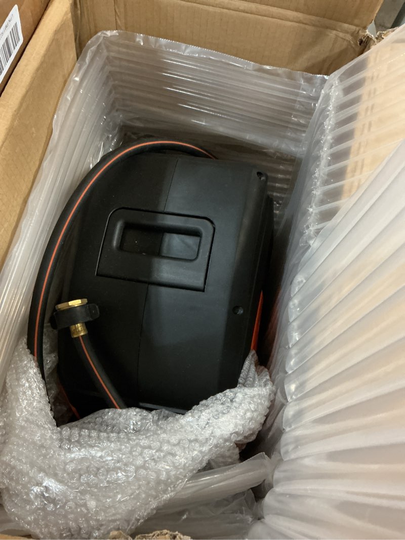 Condition photo showing As Is for Ayleid Retractable Garden Hose Reel,5/8 in x 100 FT Wall Mounted Hose Reel, with 9- Function Sprayer Nozzle, Any Length Lock/Slow Return System/Wall Mounted/180°Swivel Bracket (Black) Deep Black