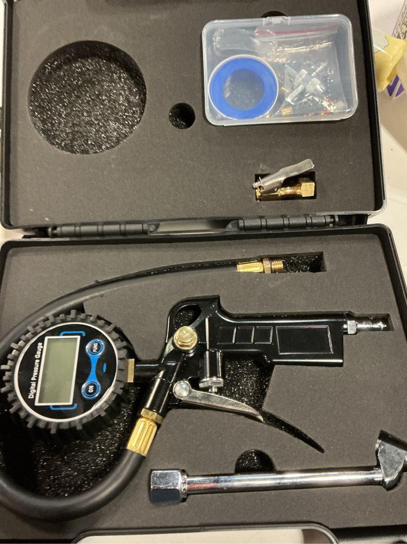 Condition photo showing Good Condition for digital tire pressure gauge with inflator 250 psi, heavy duty 360° air chuck air compressor attachments, improved leaks protection & extended hose tire gauge, 0.1 display resolution, with storage box digital tire gauge (with 21 accessories)