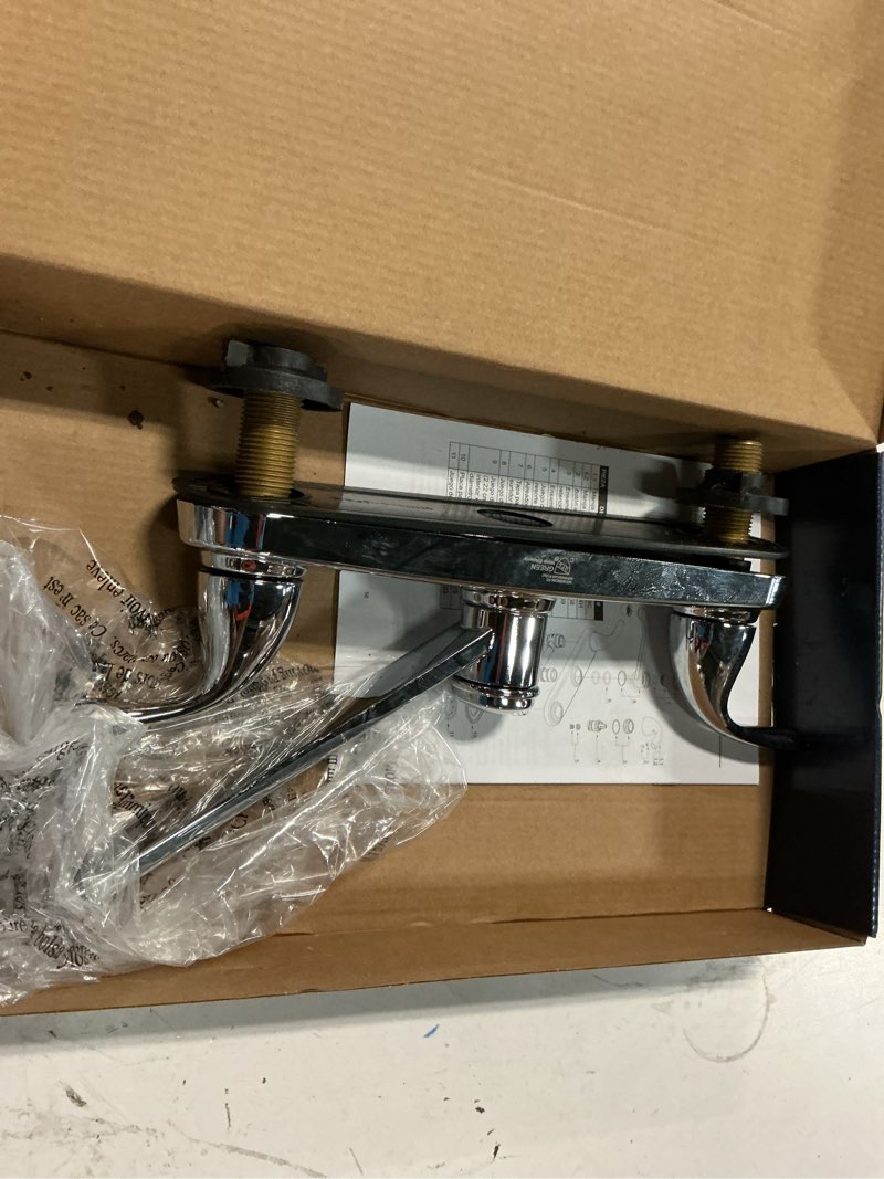 Condition photo showing Good Condition for project source dover chrome double handle deck-mount kitchen faucet (includes deck plate)