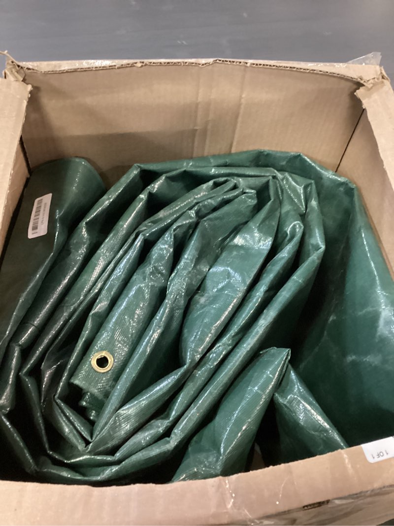 Condition photo showing As Is for Kesfitt Tarp Heavy Duty Waterproof 20x20FT, 16 Mil Thick Tarps Tear&Fade Resistant,UV Resistant, Poly Tarp Cover with Grommets and Reinforced Edges for Outdoor Camping Pools Boat Car(Green/Blue) Green/Blue 20' x 20'