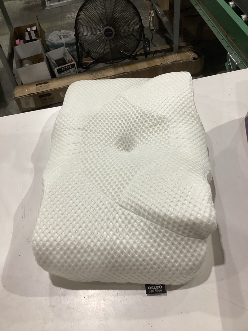 Condition photo showing As Is for cervical pillow for neck pain relief, hollow design odorless memory foam pillows with cooling case, adjustable orthopedic bed pillow for sleeping, support for side back sleepers queen(25.5*16.5*5.2/4.1 inches) white