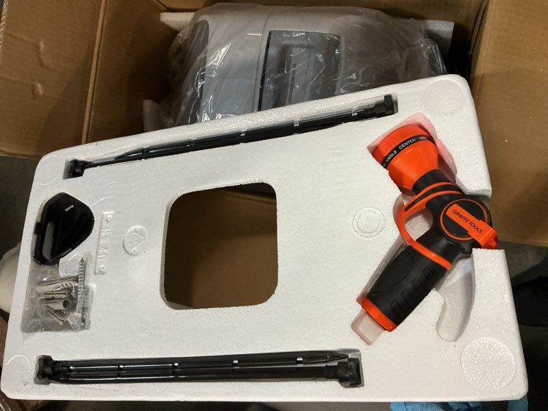 Condition photo showing Good Condition for giraffe tools retractable hose reel with 1/2 inch x 100ft, heavy duty ground mount garden hose reel, automatic rewind,with 9-function sprayer nozzle & flexible swivel base 100 ft 1/2 inch