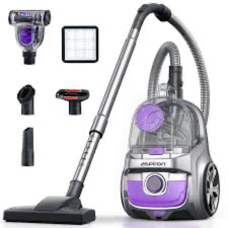 Aspiron Canister Vacuum Cleaner, 40Kpa Bagless Vacuum Cleaners, 4QT Large Dust Cup, Double HEPA Filter, Retractable Cord, 1600W Lightweight Vacuum Cleaner with 5 Tools for Hard Floors, Pearl
