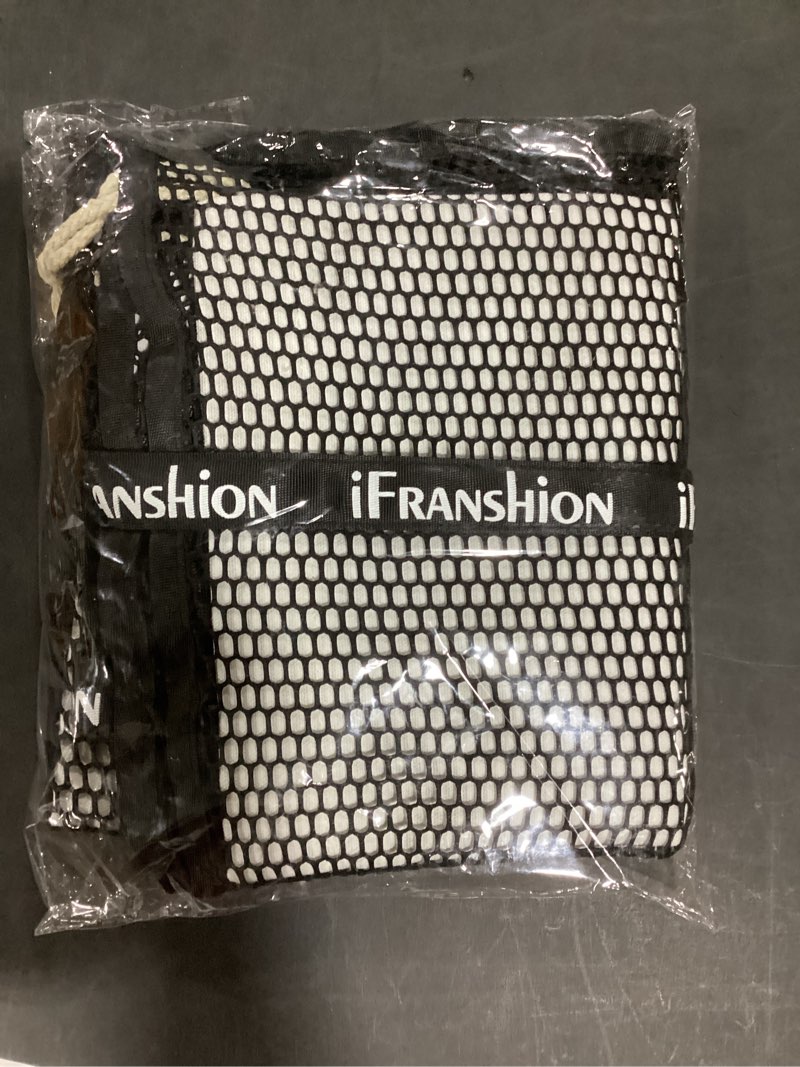 Condition photo showing New/Like New for Beach Tote Bag for Women, Summer Mesh Shoulder Bag with Large Inner Pocket, Lightweight Sandproof Woven Handbag for Travel, Pool, or Vacation Use, Black