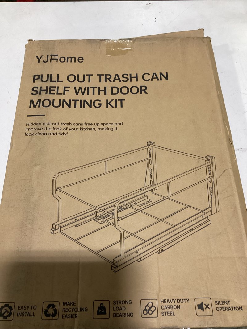 Condition photo showing As Is for yjhome pull out trash can under cabinet with soft-close slides, garbage can not included, cabinet trash can pull out kit with door mounting kit, requires minimum cabinets opening 17" w x 24" d double