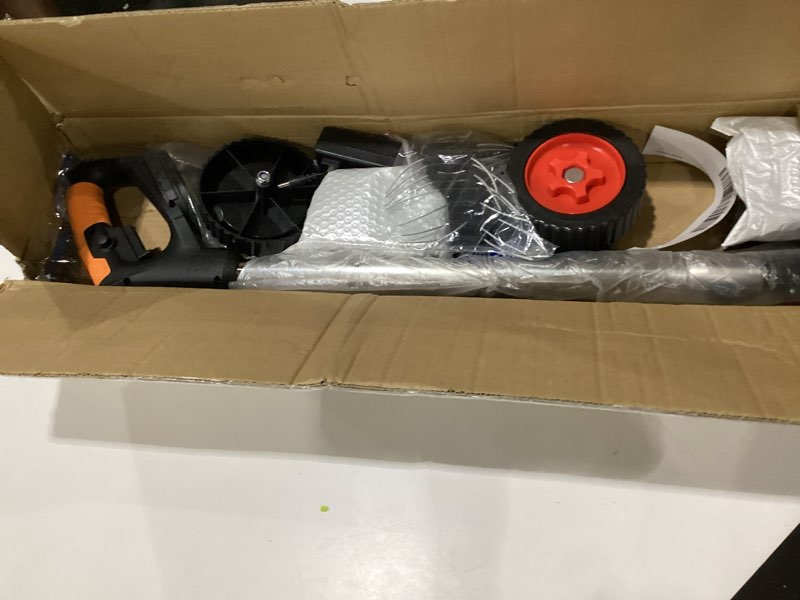 Condition photo showing As Is for cordless electric weed wacker 4-in-1 stringless weed eater battery powered grass trimmer lawn edger brush cutter, lightweight portable weed trimmer with 4 blades & wheels for yard lawn garden black
