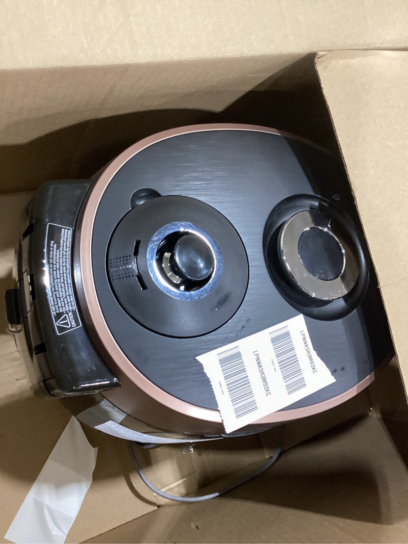 Condition photo showing As Is for cuckoo high pressure rice cooker 6-cup uncooked / 12-cup cooked with nonstick inner pot, versatile rice maker with 12 menu options and steam plate, fuzzy logic tech, voice guide, black (crp-p0609s) 6 cup black