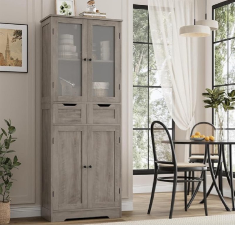 horstors 67" tall bathroom storage cabinet, freestanding linen cabinet with glass door and shelves, kitchen pantry with 2 drawers for bathroom, living room, dining room, ash grey