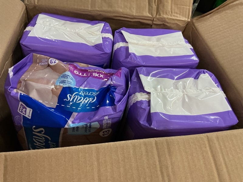 Condition photo showing New/Like New for always discreet adult diapers for women, incontinence underwear, postpartum essentials, disposable briefs, max absorbency, bladder leak protection, 2xl / xxl, 52ct 2x-large 52