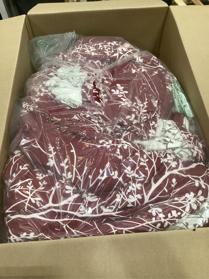 Condition photo showing As Is for christmas bed in a bag burgundy red comforter sheet set 7 pieces queen size all season tree branch soft microfiber bedding set (1 comforter 2 pillow shams 1 flat sheet 1 fitted sheet 2 pillowcases) burgundy queen-7 pieces