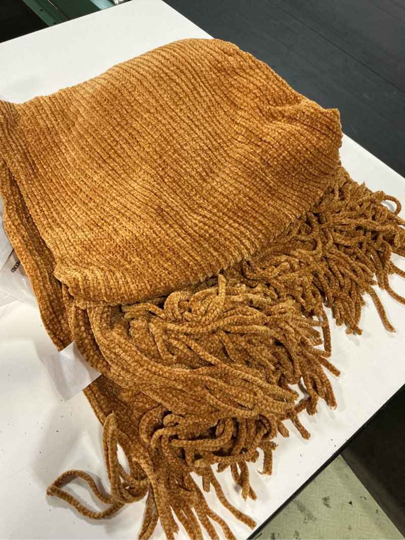 Condition photo showing As Is for lifein throw blanket for couch, soft boho decor bed throw,cozy brown knitted chenille small knit farmhouse lightweight throw (golden brown,50 * 60") j-golden 50*60''