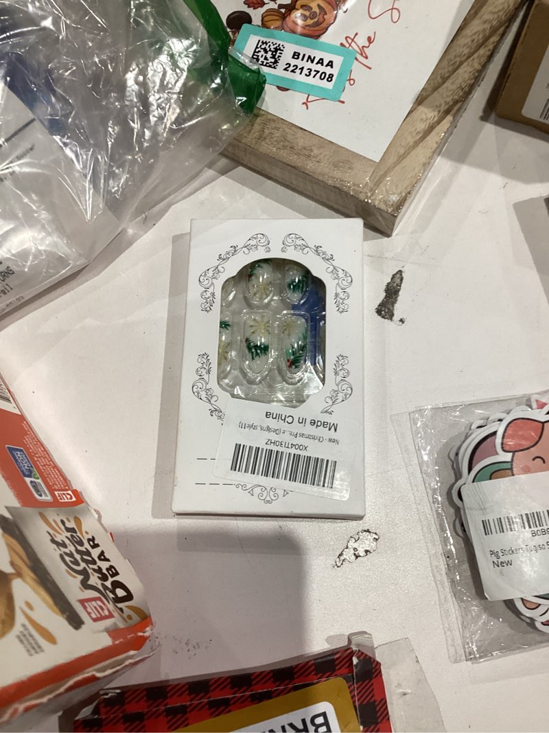 Condition photo showing New/Like New for Christmas Press on Nails Bow Fake Nails Xmas Tree Glue on Nails Medium Almond False Nail Artificial Acrylic Glossy Full Cover Pink Stick on Nail for Women Manicure 24Pcs Designs bow tree pink