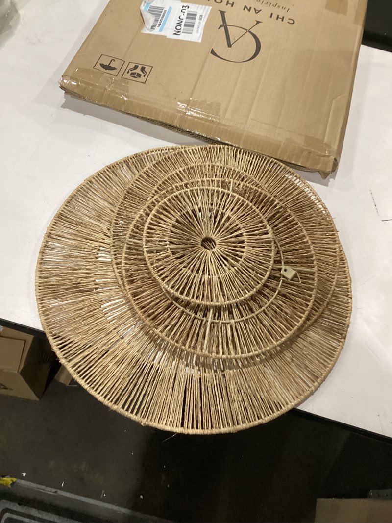 Condition photo showing Good Condition for chi an home 18 inch boho wall decor – set of 5 woven jute wall baskets, boho wall art & decorative basket set, farmhouse wall hanging, handwoven wall plates for living room, bedroom – 18", 14", 11", 8", 7" set of 5 - large