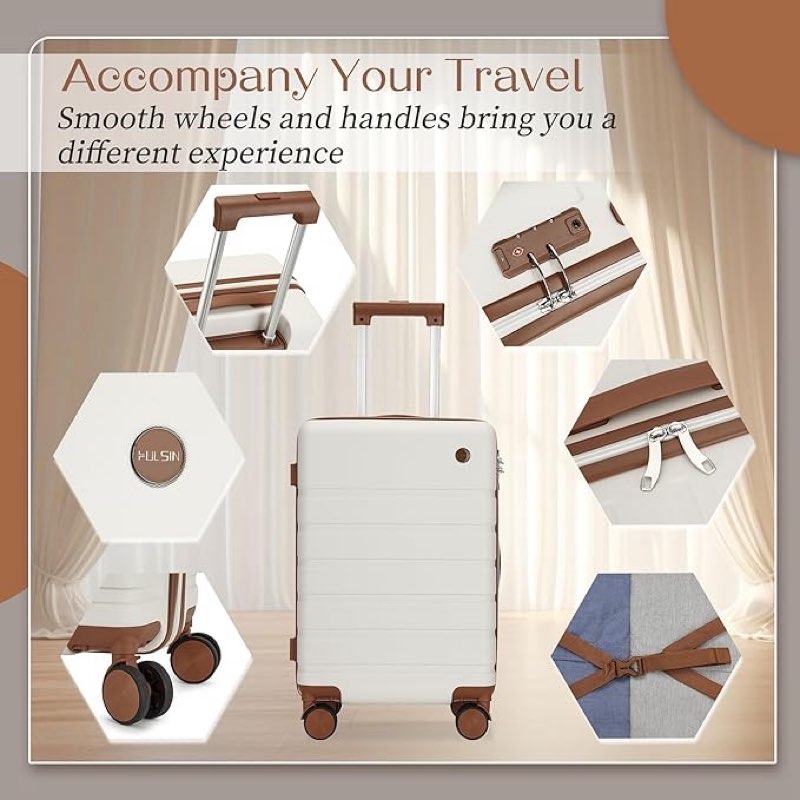 hulsin carry on luggage suitcase, 22x14x9 airline approved 20 inch hardside carry-on luggage with spinner wheels, hard shell luggage with tsa lock, hard case small travel suitcase (white, 20-inch)