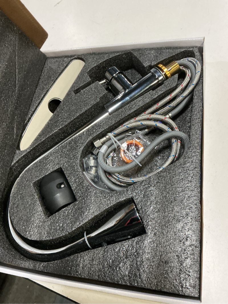 Condition photo showing Good Condition for kitchen faucet with pull down sprayer?stainless steel single handle kitchen faucet?1/3 hole, deck plate included?suitable for farmhouses, campers, laundry rooms, rvs, and bars (chrome)