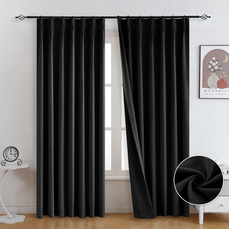 Fazhesici Black Pleated Full Blackout Curtains 108 inches Long Black Out Curtains for Bedroom Therma