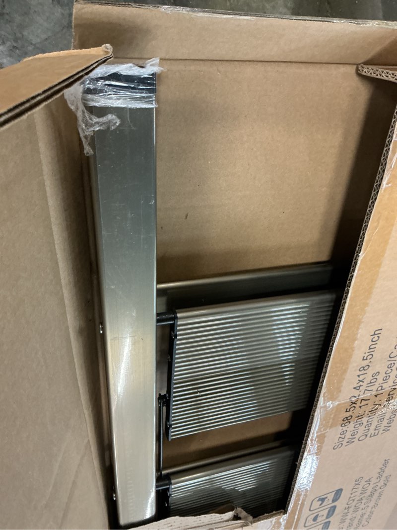 Condition photo showing New/Like New for WOA WOA 5 Step Ladder, Ladders for Home, Anti-Slip Pedals, Aluminum Step Stool Foldable, Lightweight to Move, Ease of Storage, Reach 10ft for Closet Kitchen Library, Hold 300lbs - Gold 5 Step Brown Gold