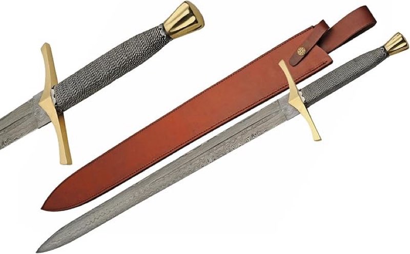 SZCO Supplies 28.75" Wire Wrapped Handle Damascus Steel Short Sword with Leather Sheath, Silver/Bras