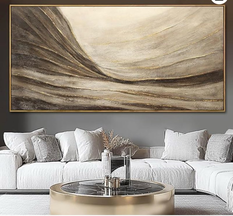 Textured Abstract Wall Decor with Frame Grey and Brown Canvas Art Gold Accents Modern Large Artwork 