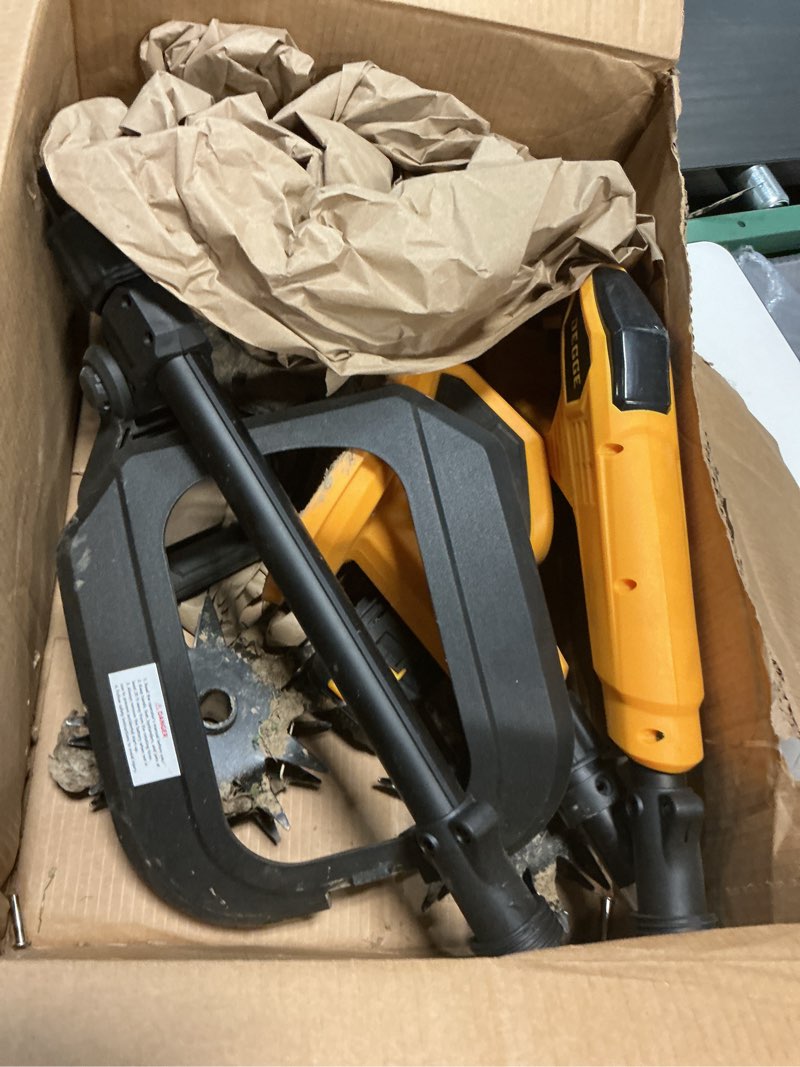 Condition photo showing As Is for degge tiller, cordless tiller cultivator with 48 steel tines, 9 inch tilling width and 6.7 inch depth, 2 x 3.0ah 21v batteries & charger, gardening tools for lawn/gardening/soil cultivation