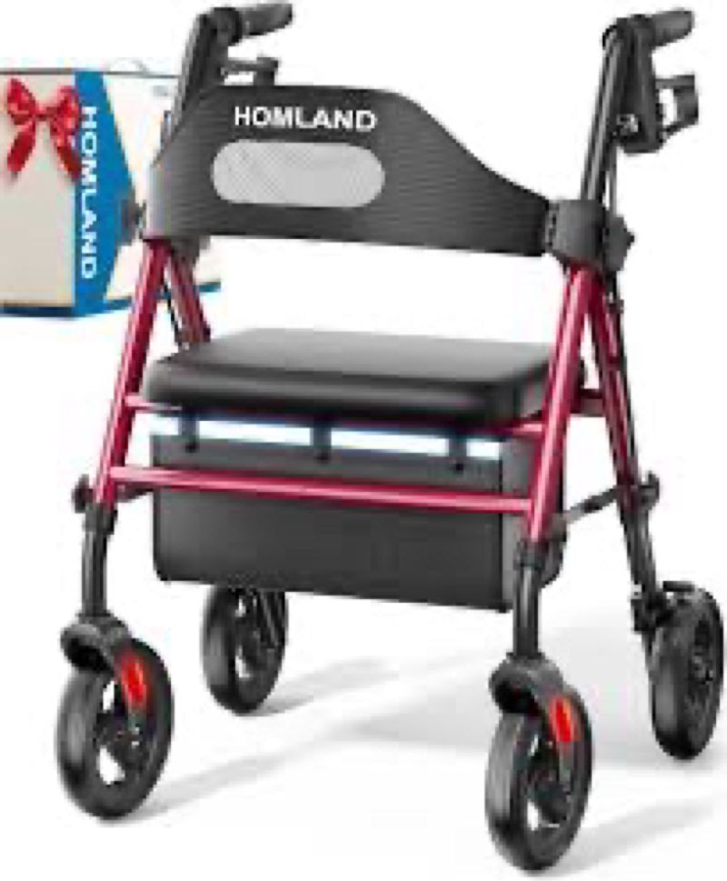 HOMLAND Foldable Rollator Walkers with Seat for Seniors, 8'' Big Wheels, 350 lb. Weight Capacity, Ad