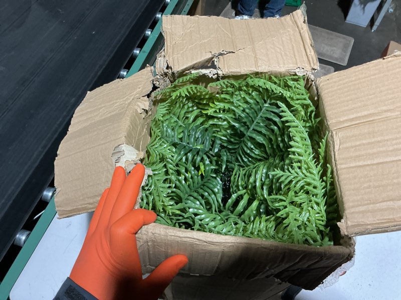 Condition photo showing As Is for 2 set fake ferns with hanging baskets, artificial boston ferns for outdoors, realistic fake hanging ferns plants outdoor artificial plants for front porch home décor, no assembly green x 2