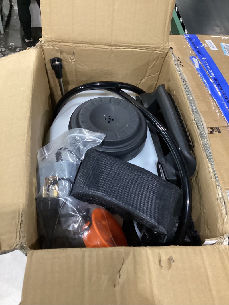 Condition photo showing As Is for battery powered backpack sprayer 4 gallon, 0-100 psi strong electric sprayer compatible with makita 18v battery, 5 nozzles, weed sprayer for lawn & garden, yard, fertilizer (battery inc)
