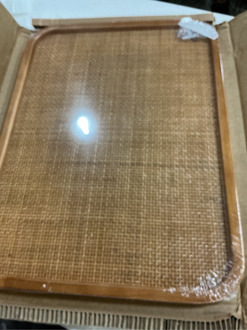 Condition photo showing New/Like New for 18" x 24" bulletin board, round-edged rectangle cork board?wooden frame with boho style rattan wall organizer,4560teng 18*24 inch
