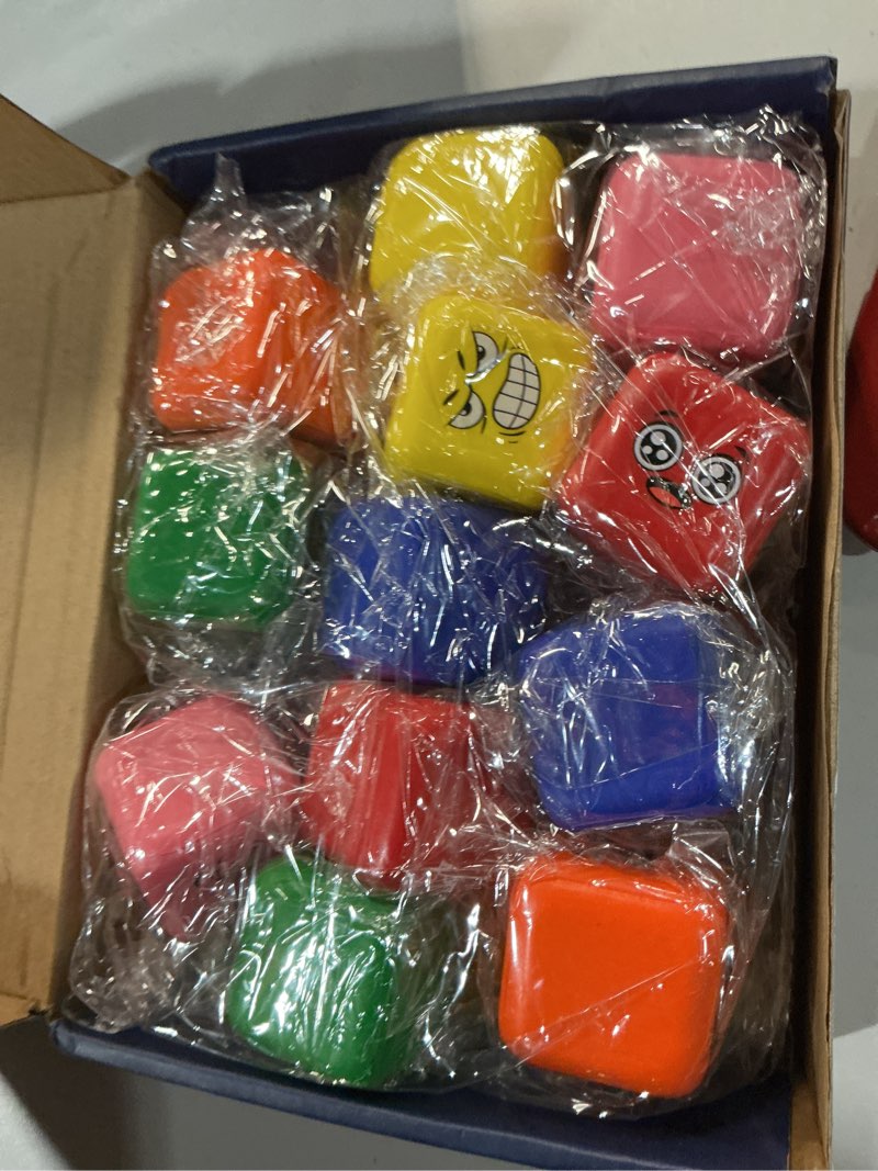 Condition photo showing Good Condition for fidget face cube, stress balls emotion cube bulk pack, sensory squishy toy squeeze fidget blocks treasure box, gifts party favors classroom/birthday/easter goodie bags stuffers 24pack