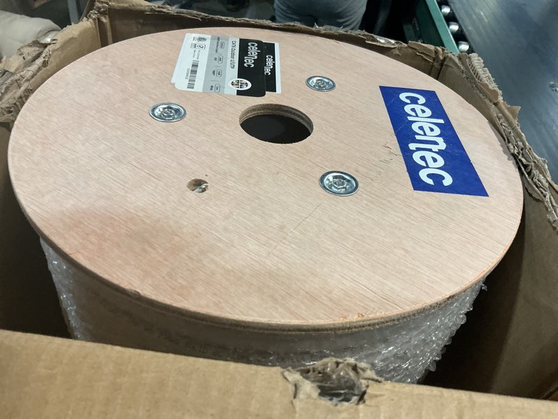 Condition photo showing New/Like New for celertec cat6 outdoor cable, 1000ft, 23awg solid bare copper, unshielded twisted pair (utp), uv resistant, weatherproof, cmx, etl listed, 550mhz, bulk ethernet cable, wooden spool- white 1000ft unshielded white