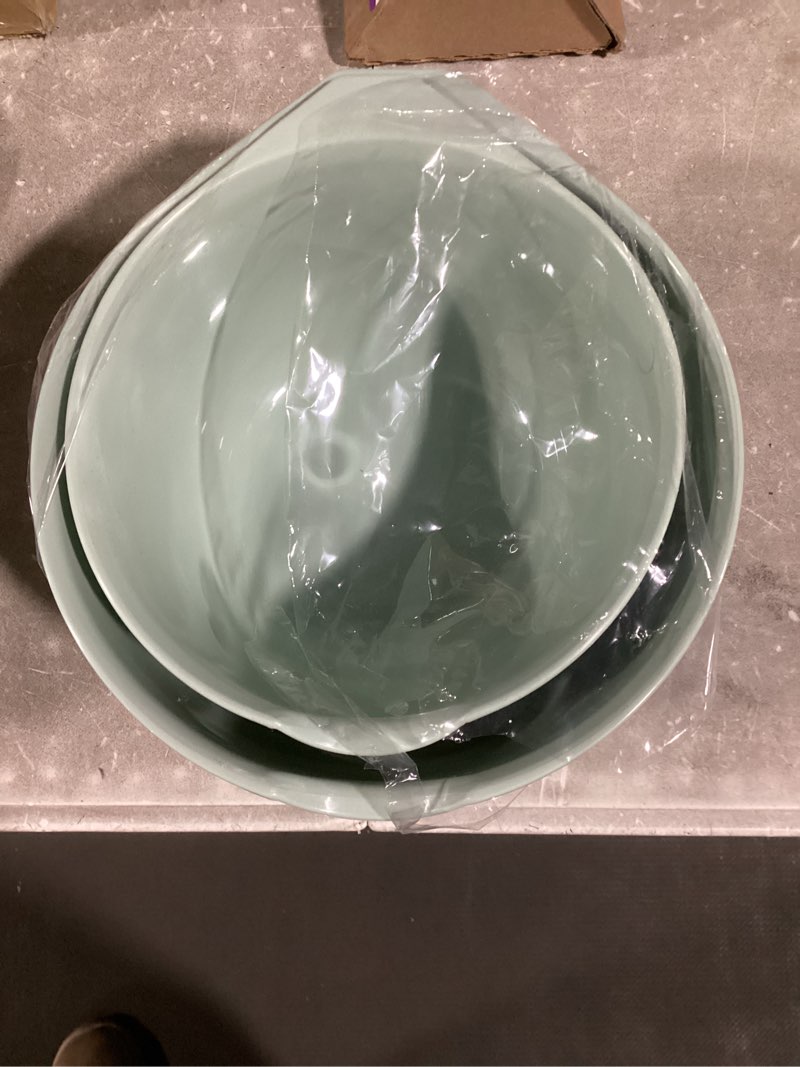Condition photo showing As Is for glad mixing bowls with pour spout, set of 3 | nesting design saves space | non-slip, bpa free, dishwasher safe plastic | kitchen cooking and baking supplies, sage green 3pc sage green