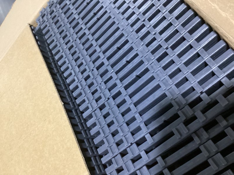 Condition photo showing As Is for 60 pack plastic interlocking deck tiles, 60 sq. ft patio deck tile, 12"x12" indoor outdoor non-slip and waterproof patio floor decking tiles for garden yard walkway balcony porch poolside, dark gray 60 sq. ft charcoal gray 60