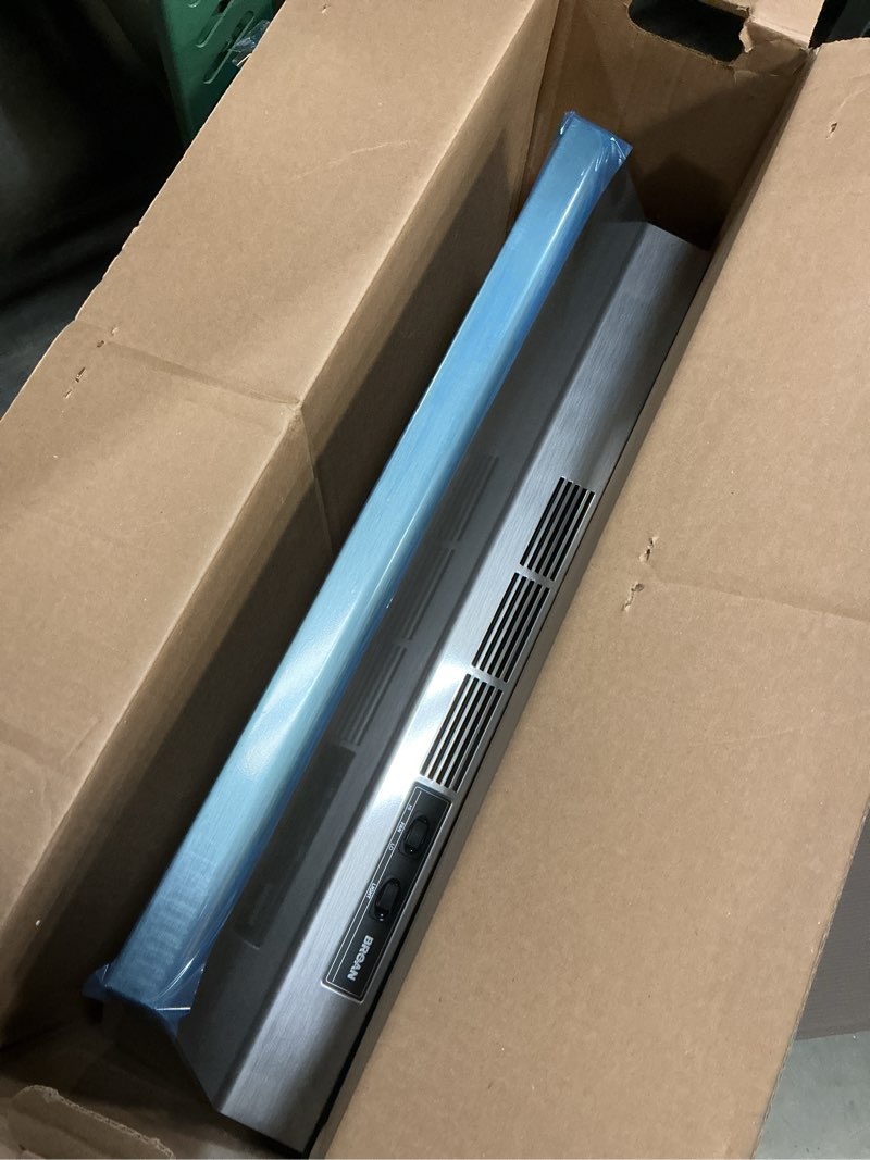 Condition photo showing As Is for broan 30-in ductless 50-cfm fingerprint resistant stainless-steel finish under cabinet range hood with charcoal filter