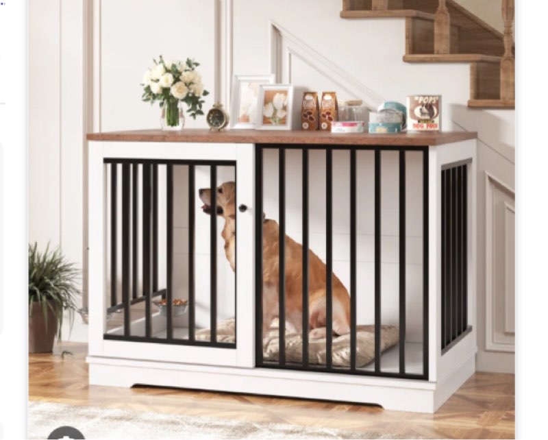 47.2''W Sturdy Large Dog Crate Furniture with 2 Feeding Bowls