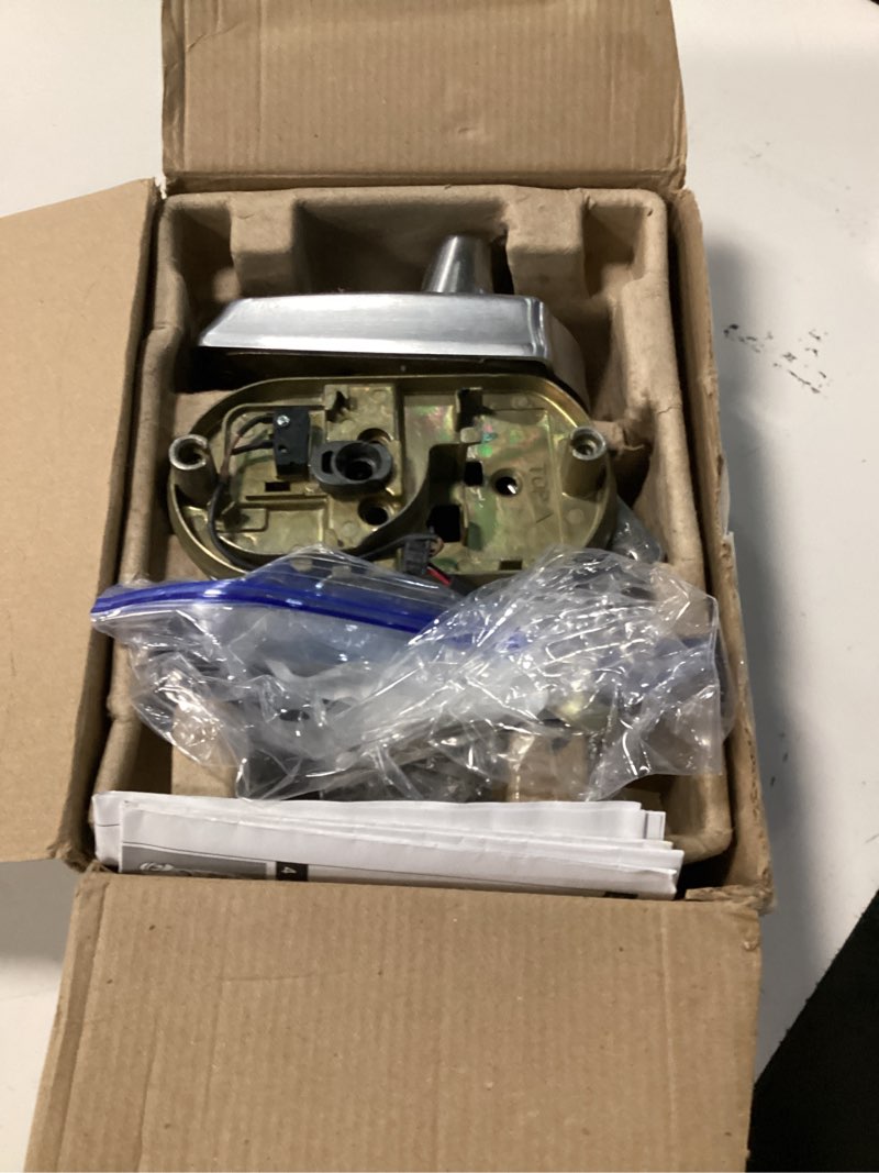Condition photo showing As Is for schlage camelot electronic keypad deadbolt lock, keyless front door entry, mechanical key backup included, satin chrome, be365 cam 626 satin chrome camelot