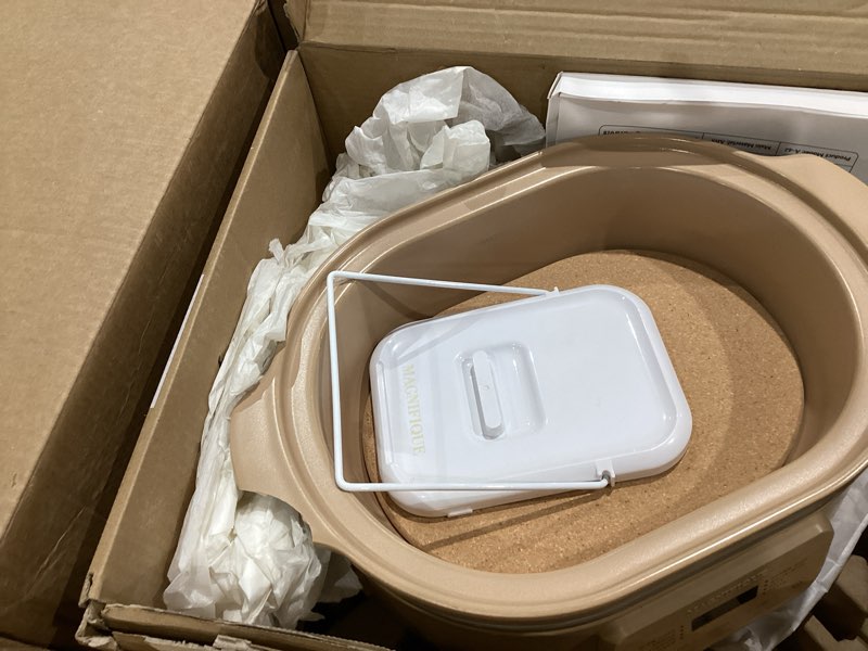 Condition photo showing As Is for 4 quart programmable slow cooker with flexible easy programming, 8-in-1 claypot multi cooker, removable crock, nonstick, oven safe pot to 450°f, brown 4 quarts brown