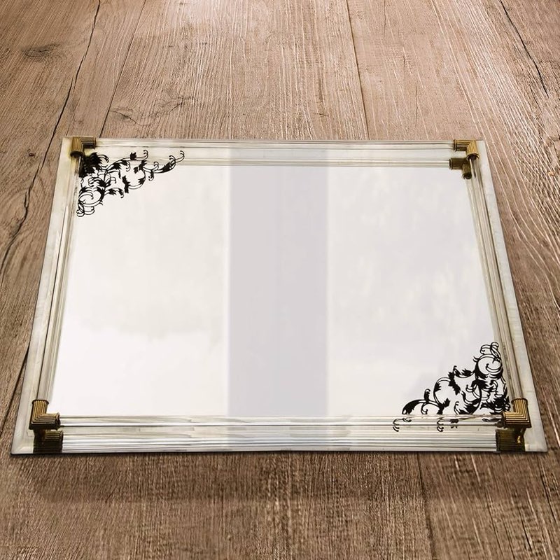 088235960481 American Atelier Mirror Vanity Tray with Black Scrolls & Gold Accents