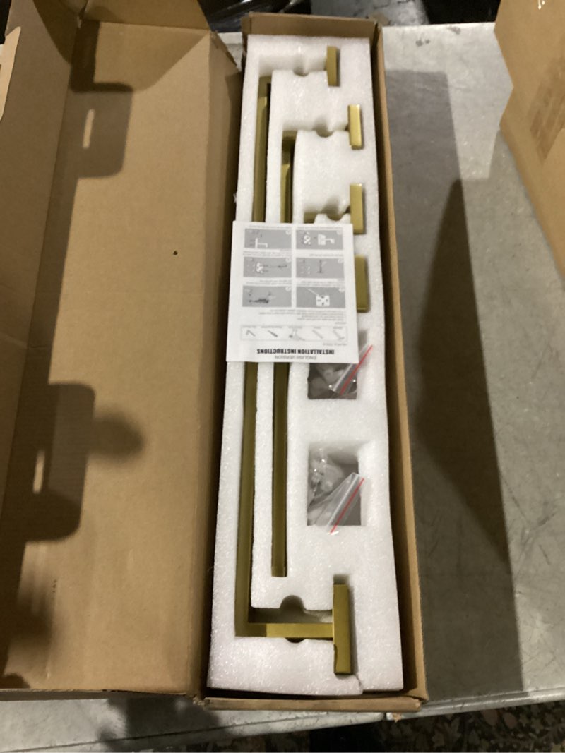 Condition photo showing Good Condition for TURS Brushed Gold Bathroom Accessory Set 4-Pieces Bathroom Hardware Set Square Towel Bar Set Stainless Steel Towel Holder Set Brushed Dark Gold 23.6 Inch