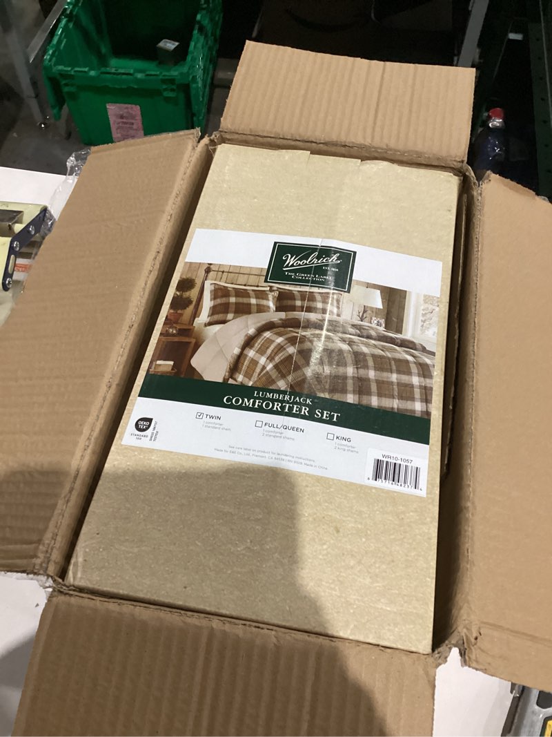 Condition photo showing As Is for Woolrich Comforter Set, Cabin Lodge, Warm Cover for Colder Season, Modern Cottage-Inspired Down Alternative Ultra Soft Microfiber Bedding, Matching Sham, Plaid Brown Twin 2 Piece