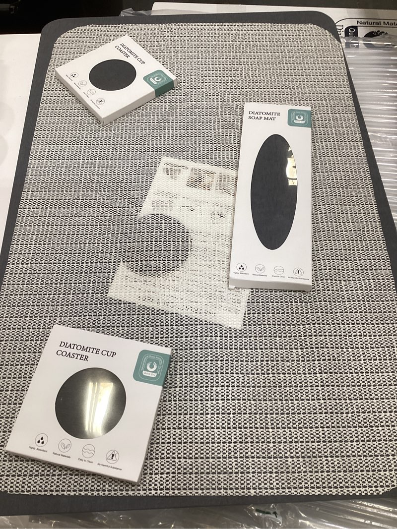 Condition photo showing Good Condition for 4 pcs diatomaceous earth stone bath mat set, non-slip super absorbent shower mat (24"x16") with stone soap dish & 2 coasters, for bathroom floor, vanity counter & kitchen counter, modern grey gray