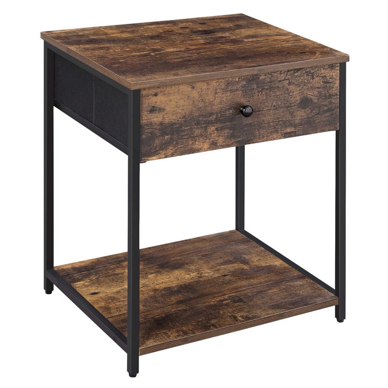 SONGMICS Nightstand, Bedside Table with Fabric Drawer, Side Table with Wooden Top and Front, Industrial Style, Rustic Brown and Black LGS20H
