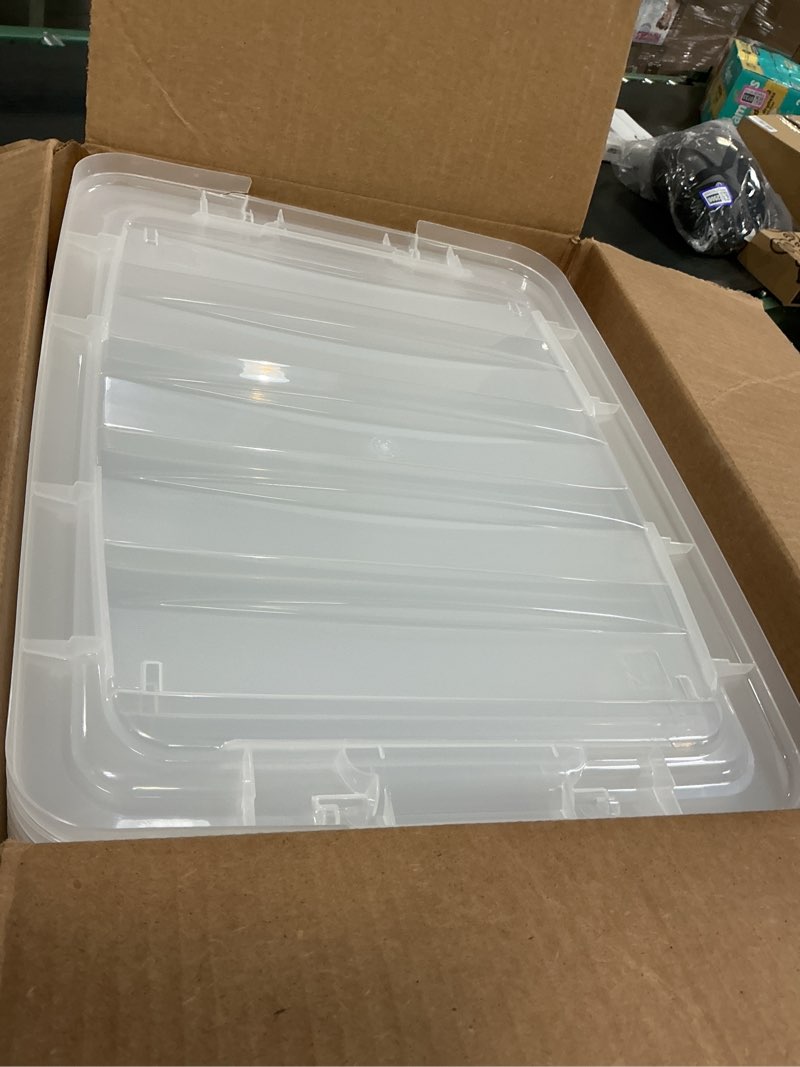 Condition photo showing Good Condition for IRIS USA 32 QT Plastic Storage Box with Lid and Latches - 6 Pack - BPA-Free, See-Through Organizing Solution, Durable Nestable Stackable Containers, Secure Pull Handle - Clear Clear 32 Qt 6 Pack