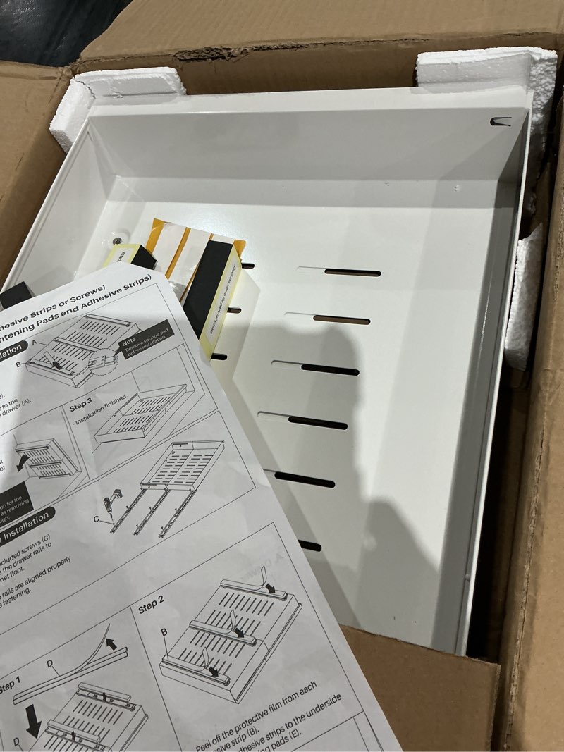 Condition photo showing As Is for pull out cabinet organizer, 1-pack expandable(13.6"-24") silde out drawers with raising pad for framed cabinets, adjustable full-extension adhesive roll out shelves for kitchen pantry home pot and pan white (13.6''-24'')wide-21''deep (1pack)