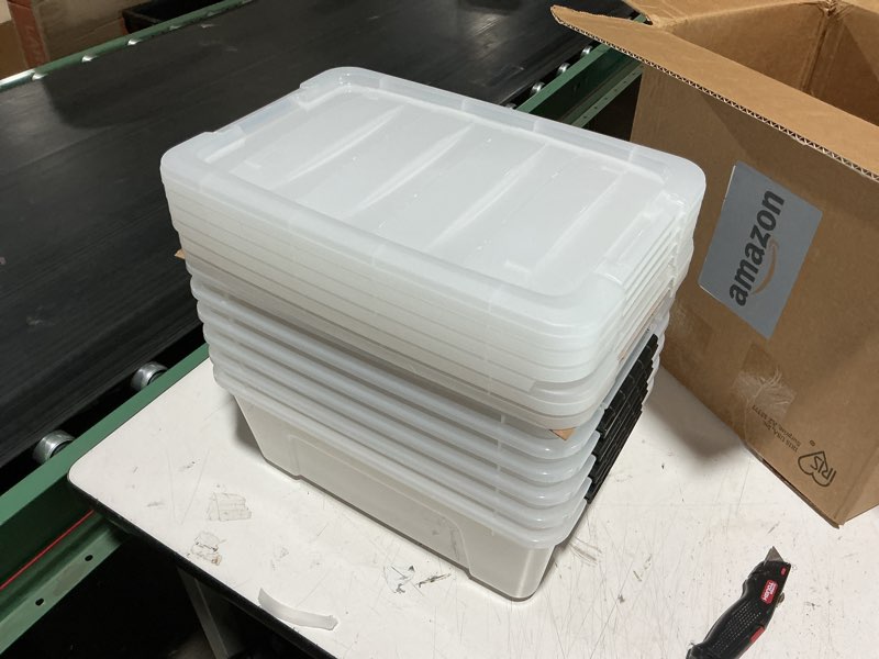 Condition photo showing As Is for iris usa 13 qt plastic storage box with lid and latches - 6 pack - bpa-free, discreet organizing solution, durable nestable stackable containers, secure pull handle - pearl pearl 13 qt 6 pack