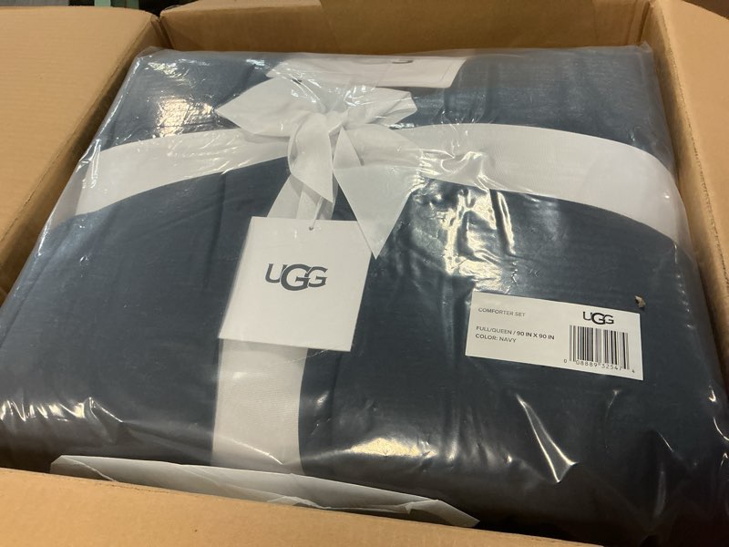 Condition photo showing New/Like New for UGG Leonora Comforter Set with 2 Pillow Shams Lightweight Down Alternative Blanket Reversible Cozy Warm All Season Washable and Hypoallergenic Bedding Set, Full/Queen, Navy Blue Blue Full/Queen