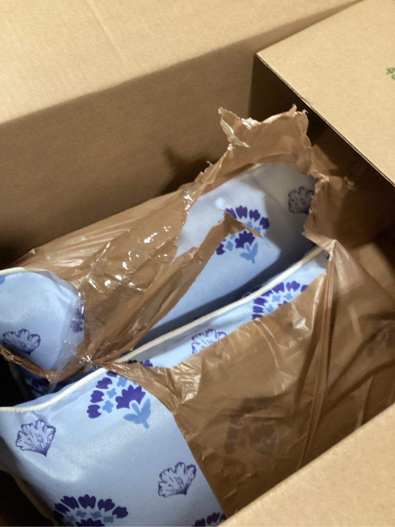 Condition photo showing As Is for pack of 2 patio lumbar pillows, 12"x20" fade resistant outdoor waterproof lumbar pillow with inners, decorative garden lumbar cushions for home patio terrace sofa use kalmia latifolia