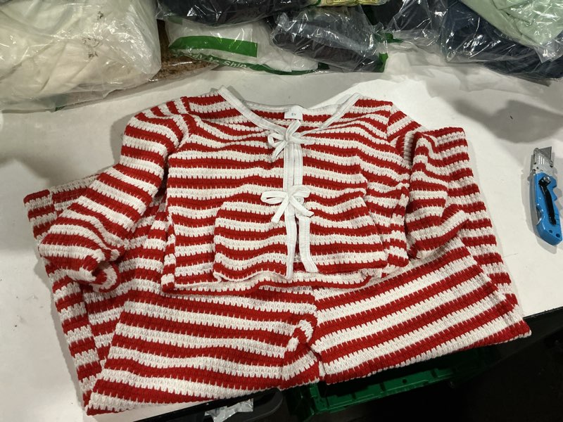Condition photo showing Good Condition for wdirara girl's striped 2 piece outfit bow cardigan wide leg pants set cute outfits 5t red