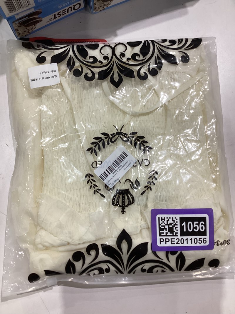 Condition photo showing New/Like New for Women's Square Neck Midi Dress, Smocked Bodice Puff Sleeves Tiered Ruffle Sundress with Floral Textured Small White