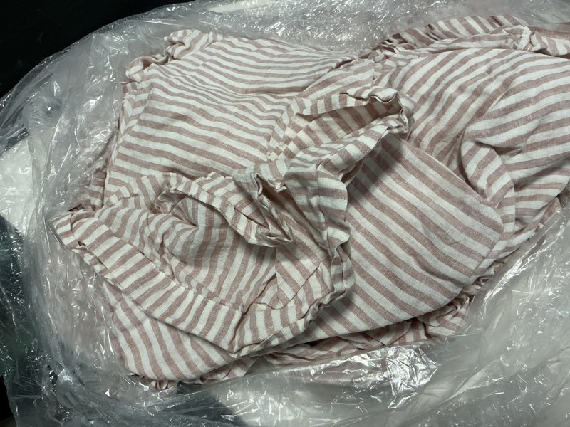 Condition photo showing Good Condition for european linen deluxe bedding bundle, king, dusty mauve/white stripe