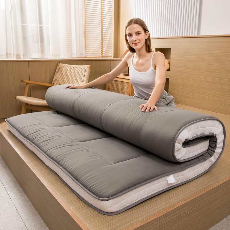 maxyoyo futon mattress, padded japanese floor mattress quilted bed mattress topper, extra thick folding sleeping pad breathable floor lounger guest bed for camping couch, dark grey, queen